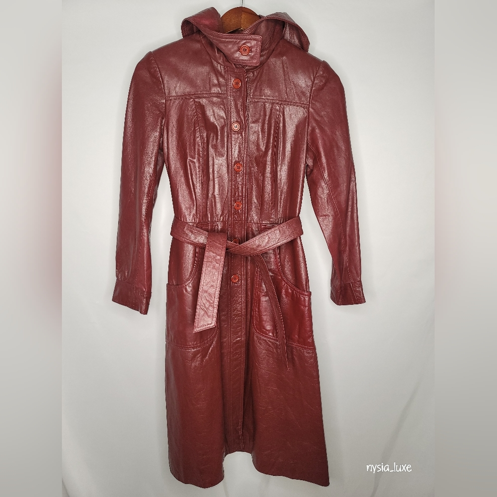 Tannery West Vintage Leather Coat with Hood and Waistbelt; Burgundy; 2